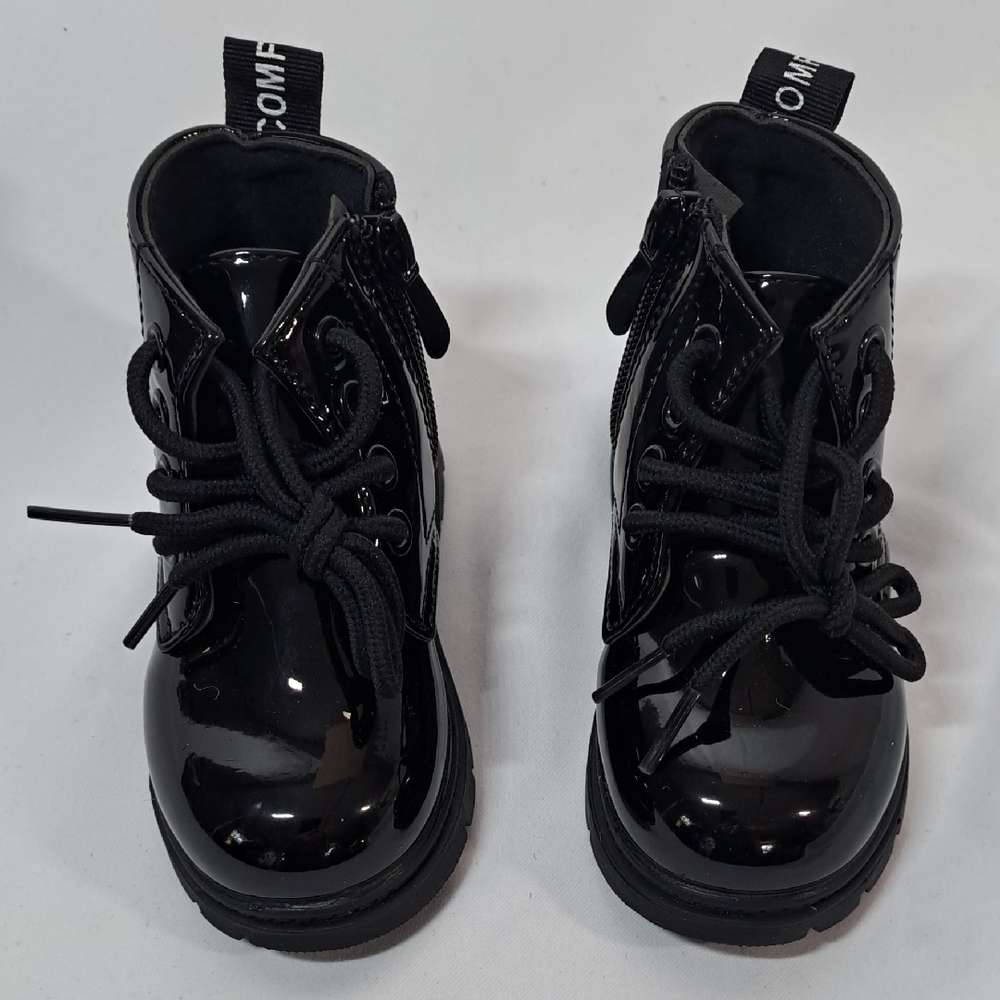 Shiny Black Kids Boots with Laces